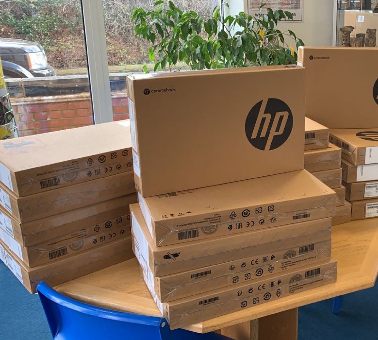 The Chromebooks that were delivered to Robert Bloomfield Academy by the High Sheriff of Bedfordshire